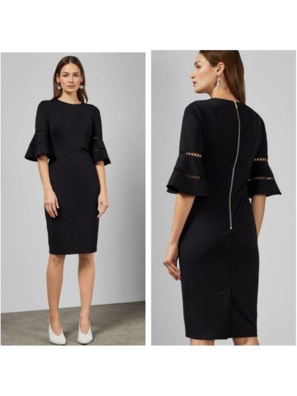 Ted Baker Filnio Lace Bell Sleeve Sheath Bodycon Dress Black TB 2 US 6
